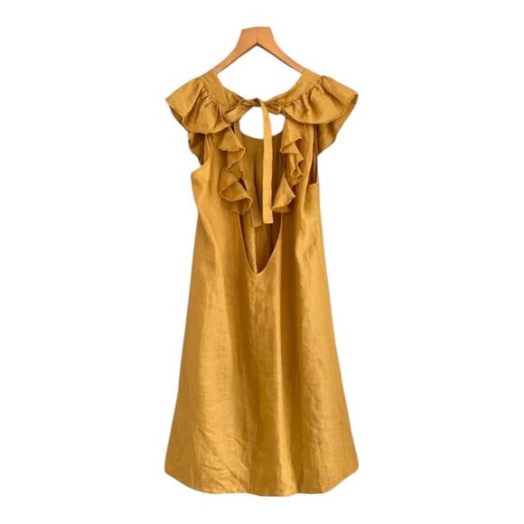 Three Graces Dress Womens Small Linen Midi Dress Oversized Ruffle Milkmaid - Picture 3 of 14